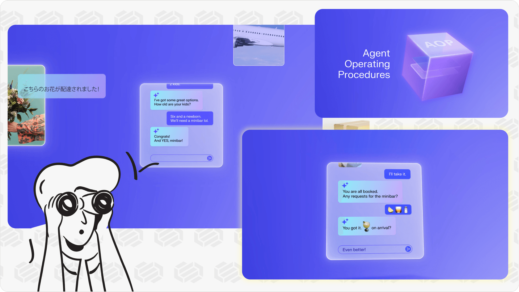 A mock-up screenshot of the Decagon AI platform interface showing where a user might define Agent Operating Procedures (AOPs) using plain language inputs.