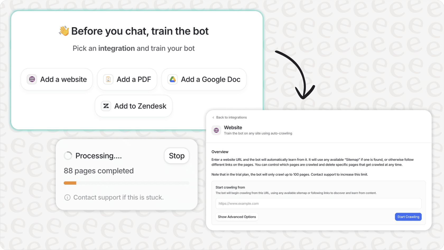 Screenshot of eesel AI training interface showing options for training data sources for ai and automation support and maintenance.