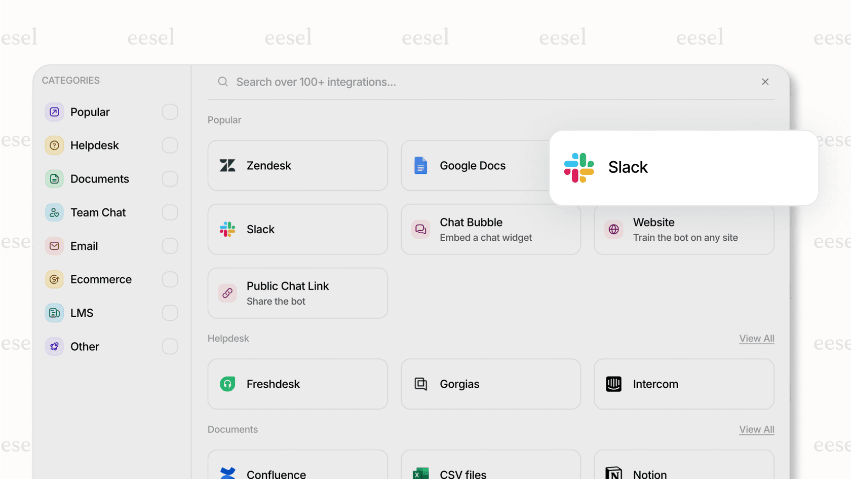 Screenshot of the eesel AI integrations page showing available connections like Slack, Zendesk, and Google Docs, essential for training a Slack AI assistant.