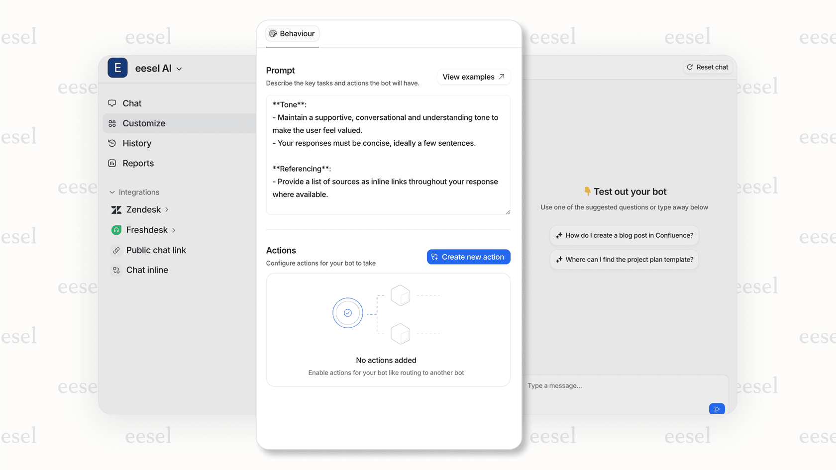 Screenshot of the eesel AI customization settings showing options to define prompts and actions for a Slack AI assistant.