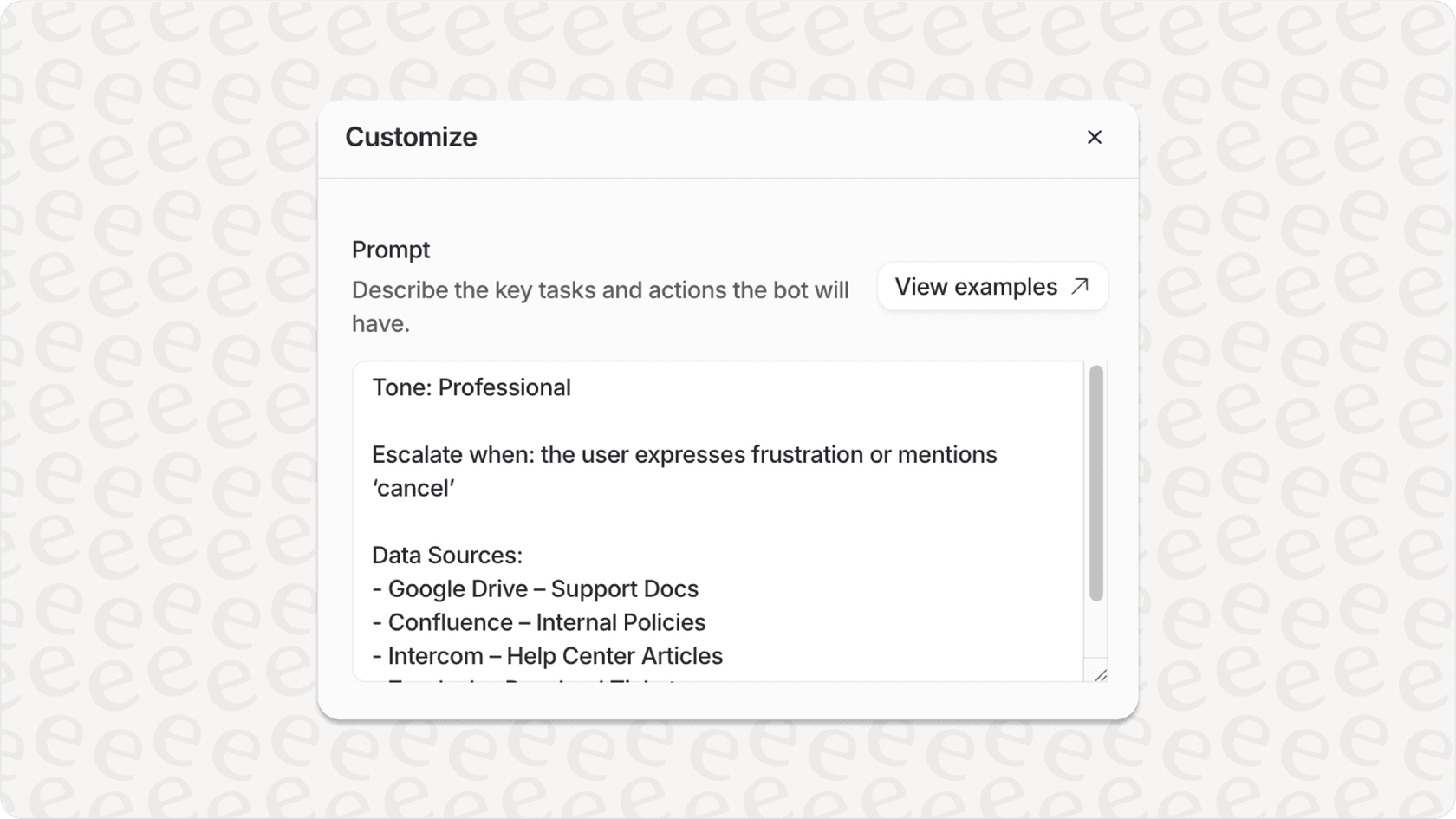 Screenshot of AI configuration screen showing customization options for tone and rules for ai and automation support and maintenance.