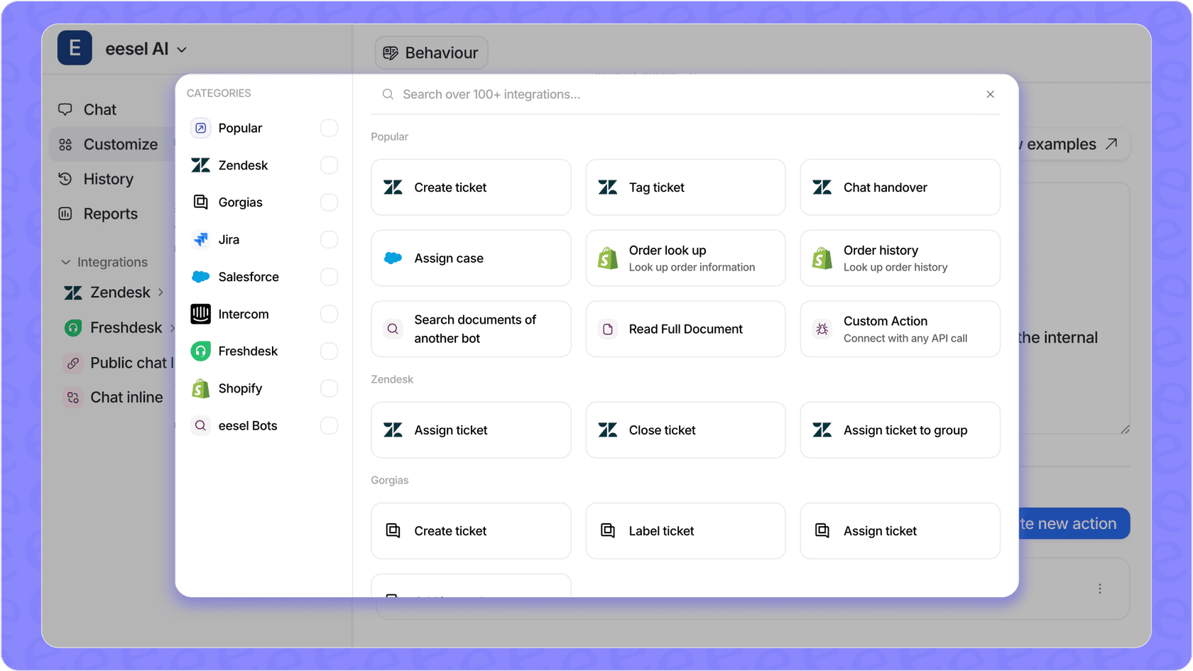 eesel AI platform screenshot showing integrations