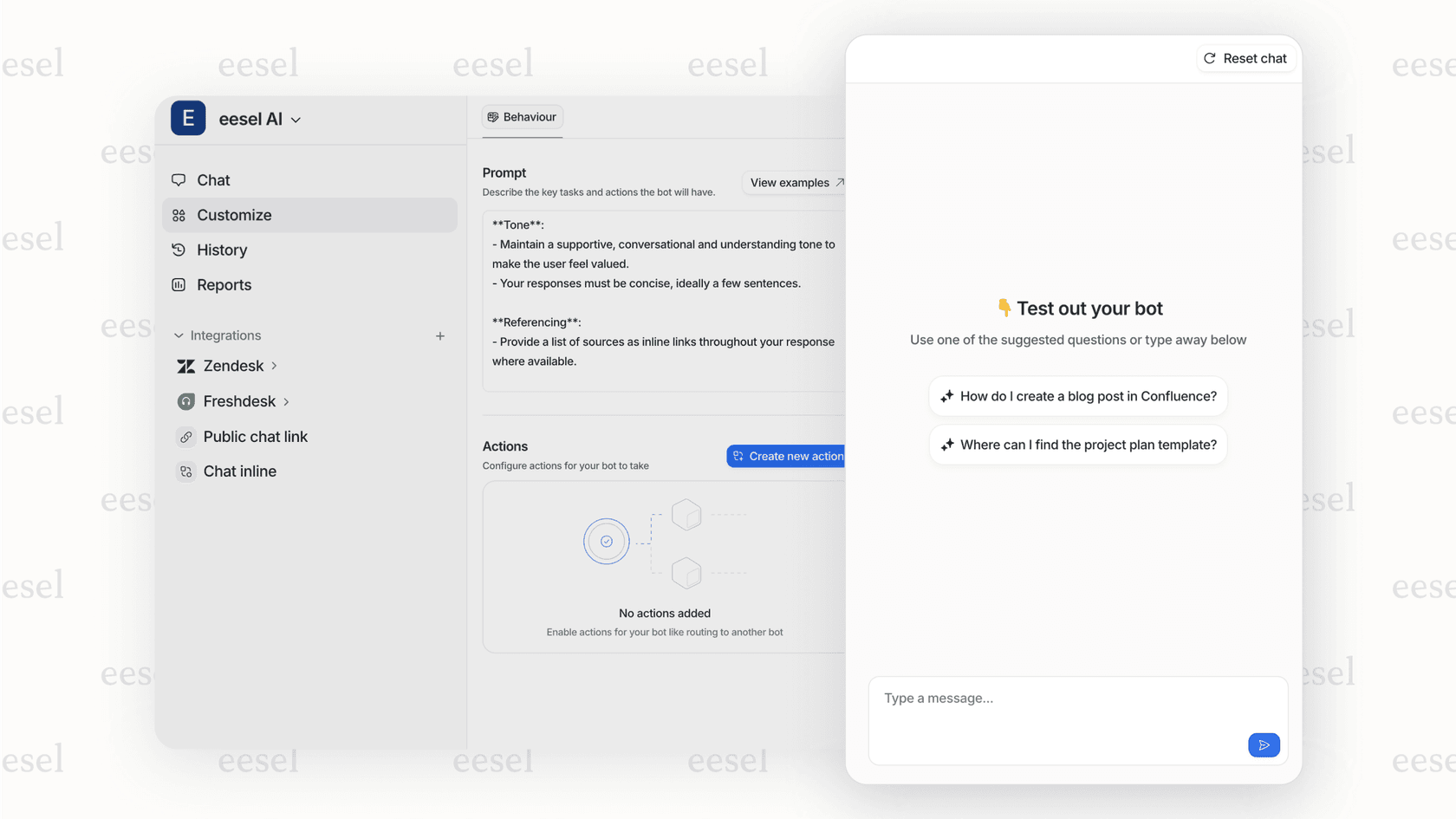 Screenshot of the eesel AI testing interface where users can simulate conversations to test their Slack AI assistant.