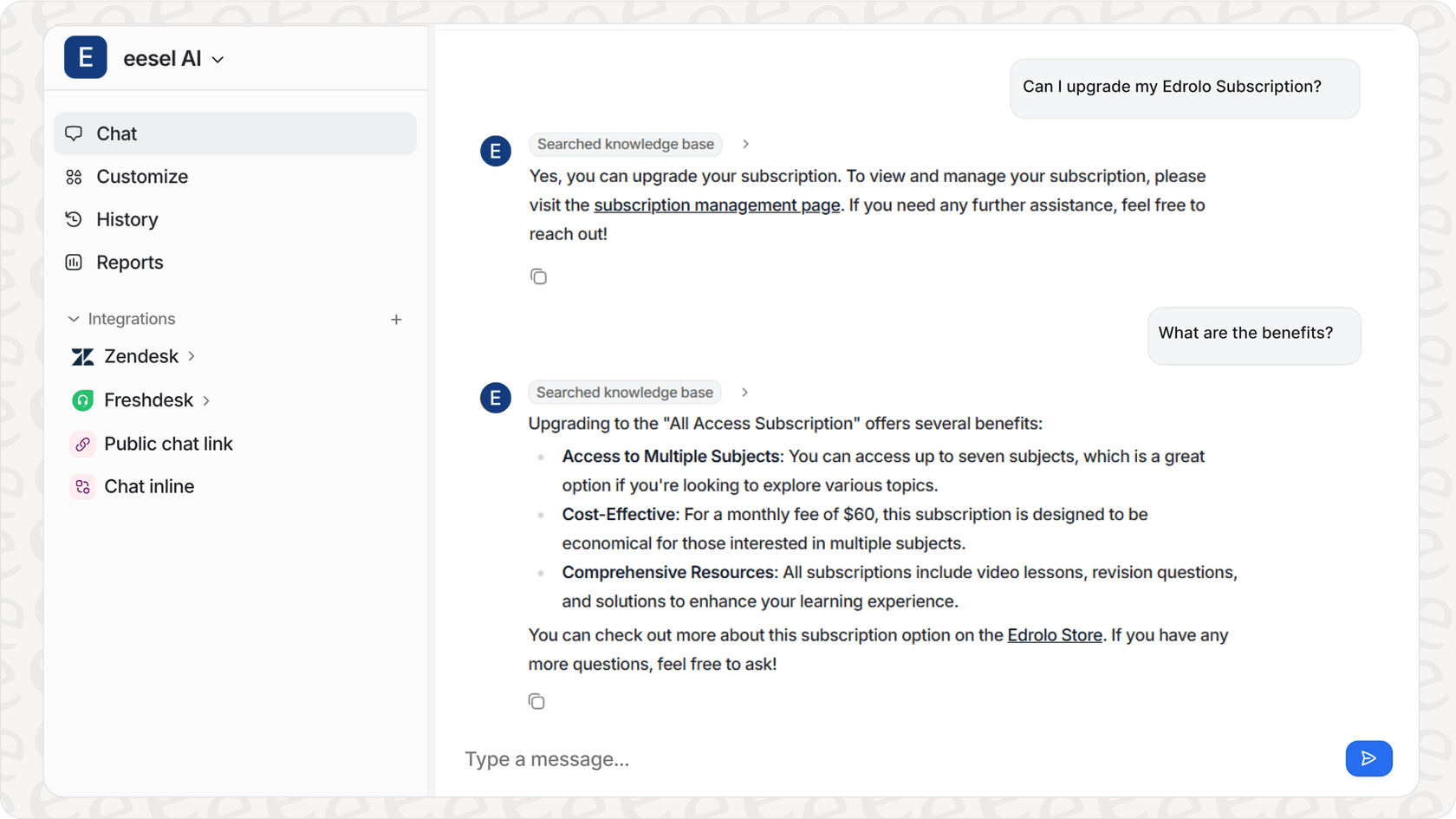Screenshot of the eesel AI Agent interface demonstrating automated handling of a Tier 1 query, a key feature of AI helpdesk tools.
