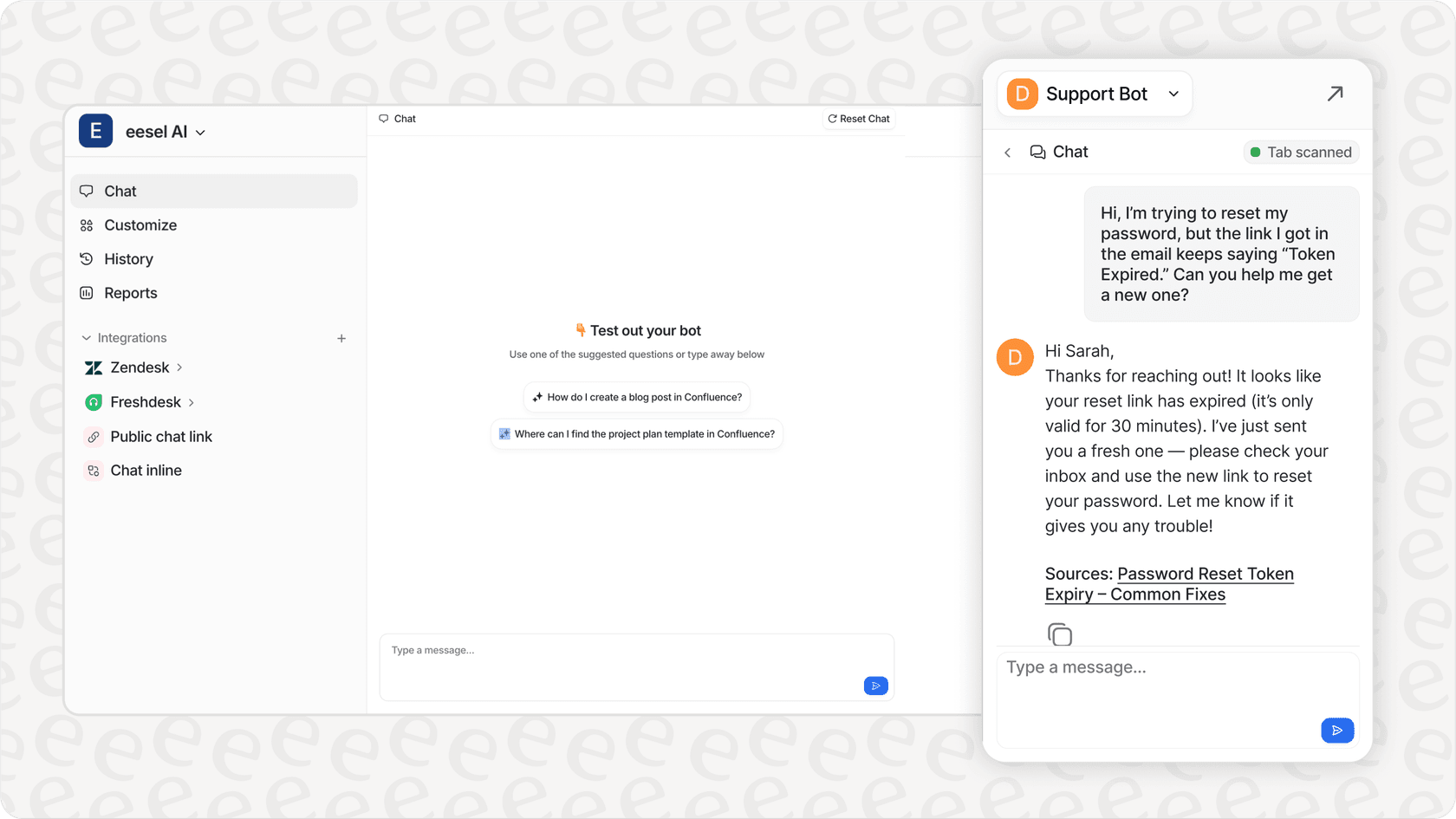 Screenshot of the eesel AI Assistant (Copilot) browser extension, showing suggested replies to help human agents using AI helpdesk tools.