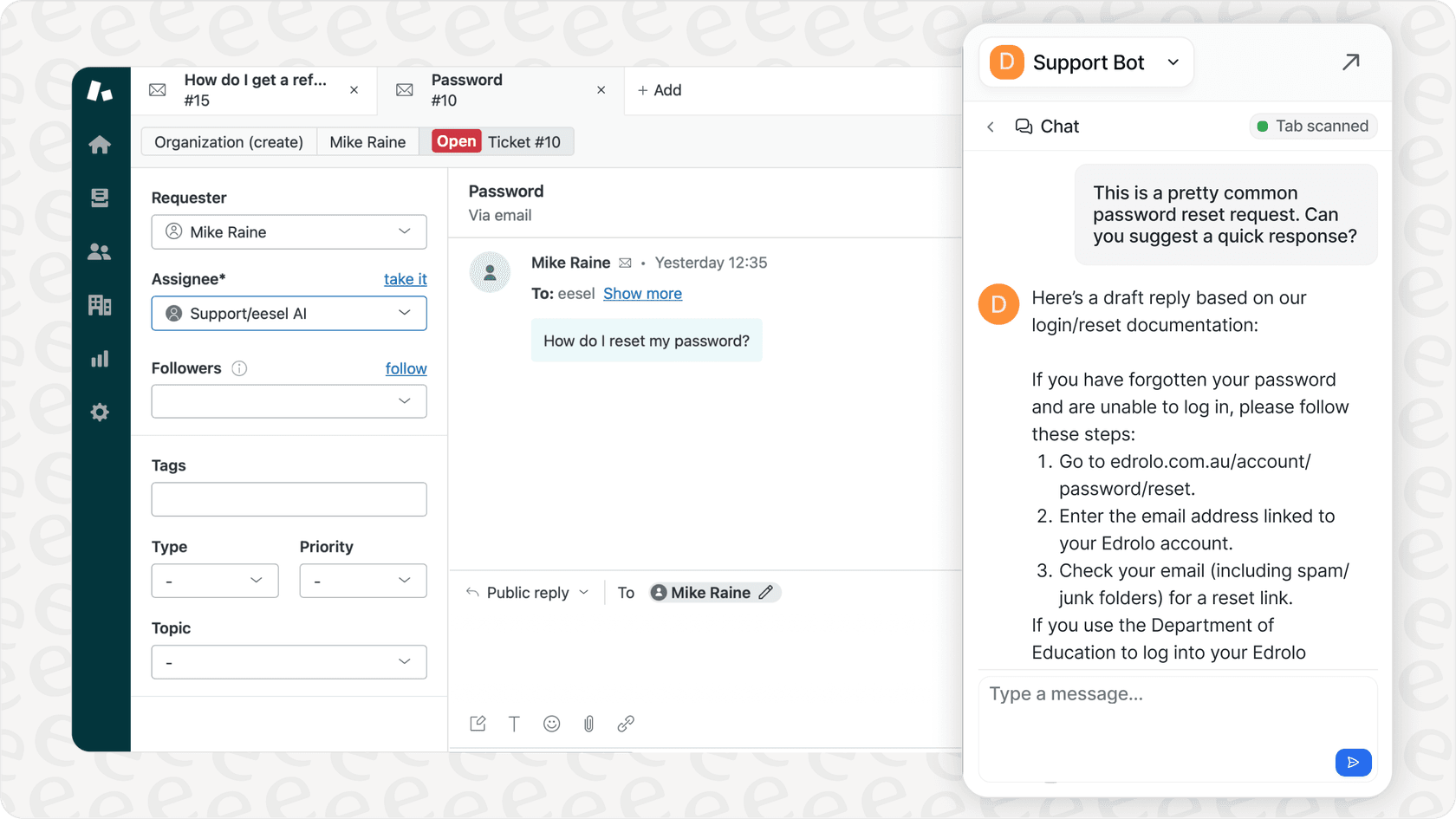 Screenshot of eesel AI Assistant suggesting replies within a helpdesk for ai and automation support and maintenance.