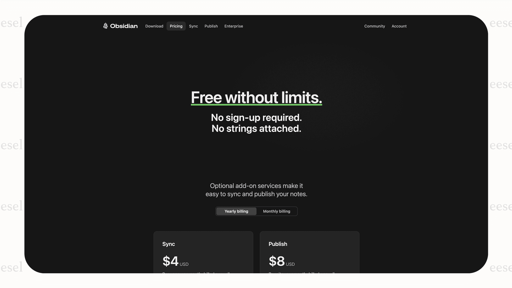 Screenshot of Obsidian AI Pricing page.