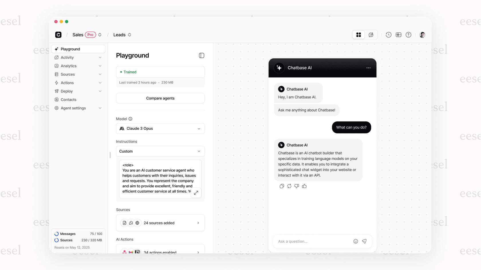 Screenshot of Chatbase interface displaying chat logs and analytics dashboard.