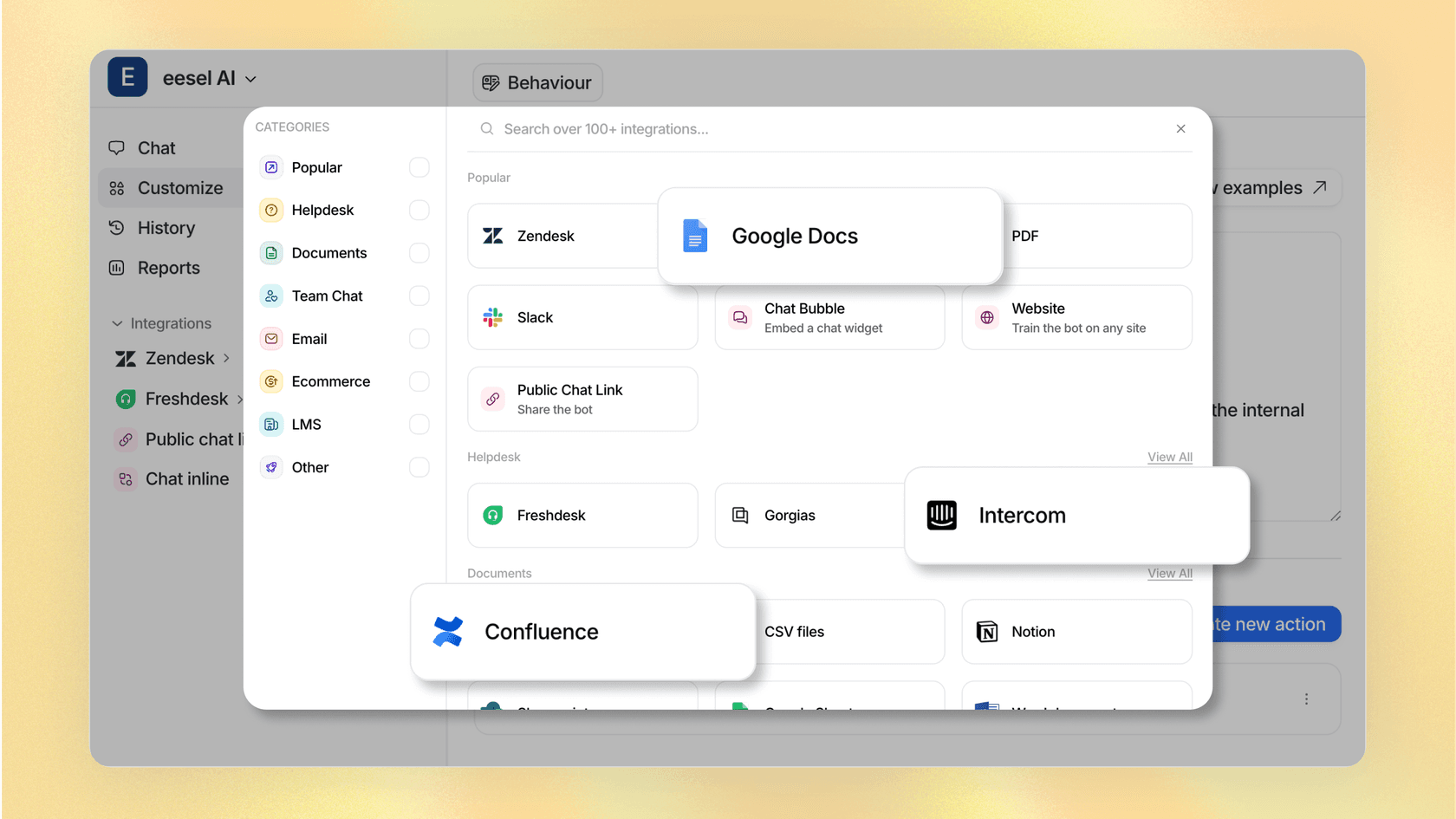 Screenshot of eesel AI integration page featuring connected apps like Google Docs, Intercom, and Confluence, an alternative to Yellow.ai reviews.