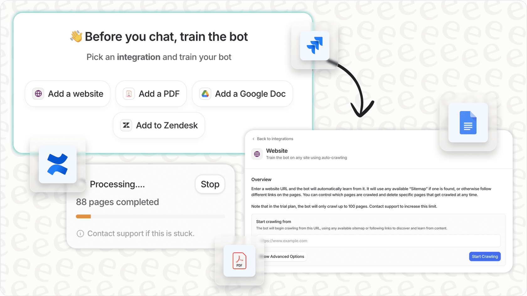 eesel AI platform showing options to train small language models on multiple data sources for customization.
