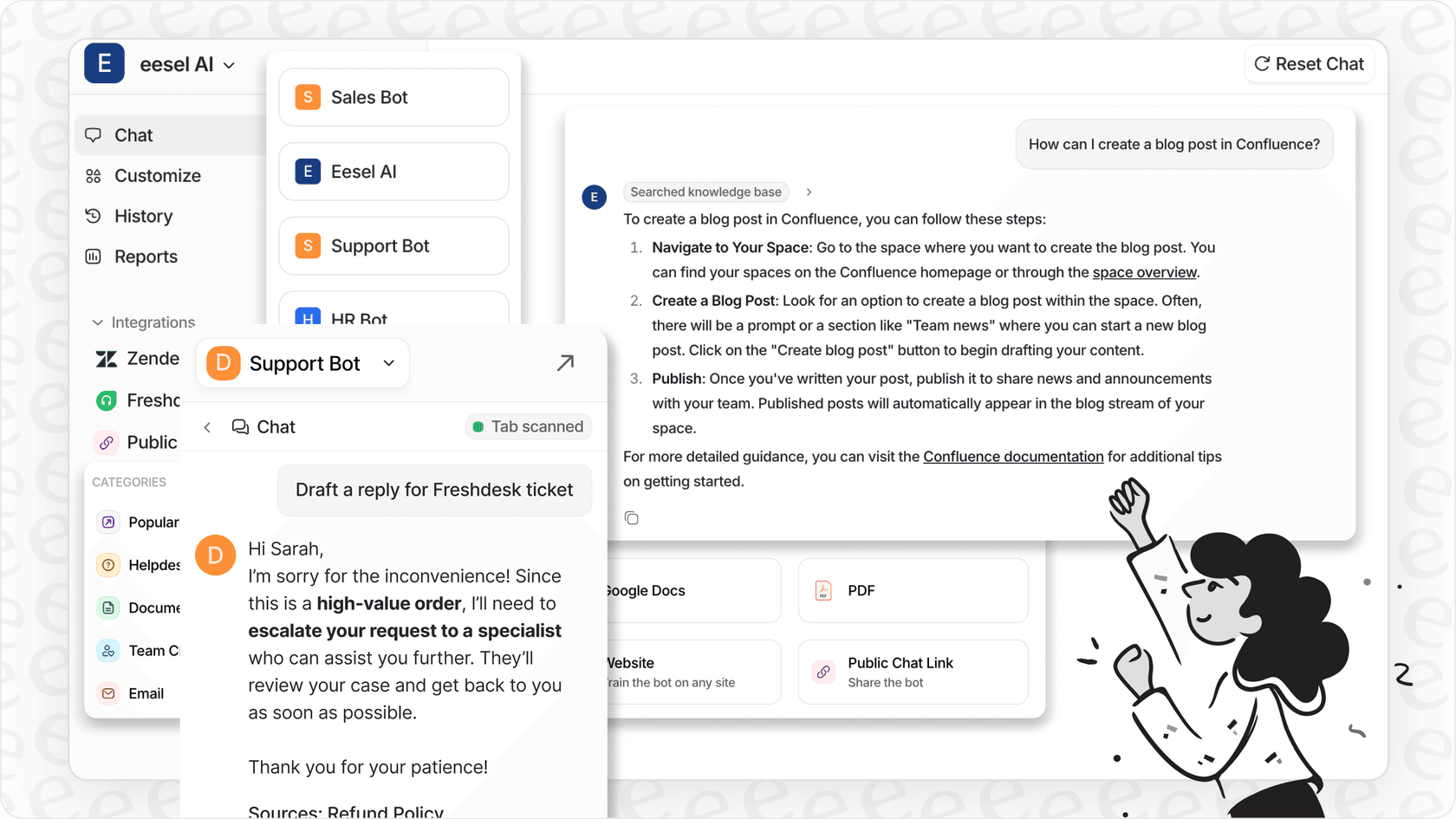 Illustration of a user benefiting from various AI assistant capabilities on a computer screen.