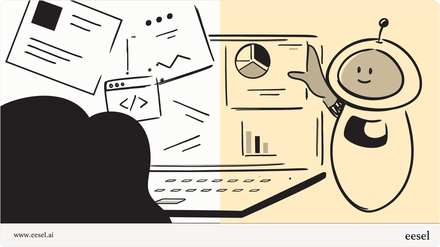Infographic illustrating what is copilot, showing an AI assistant helping a human user with various tasks on a computer.