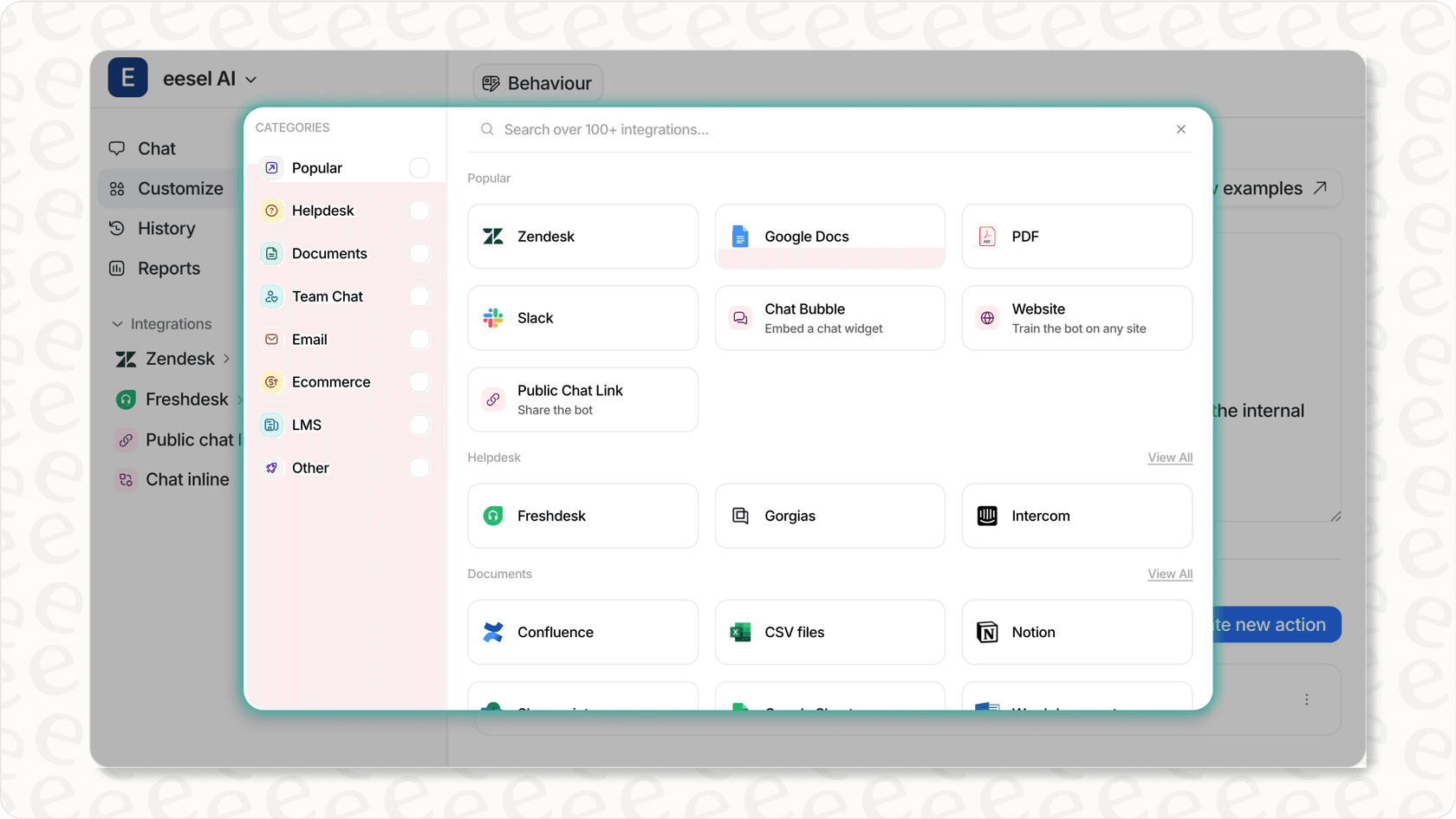eesel AI platform interface showing various integrations for a powerful AI personal assistant.