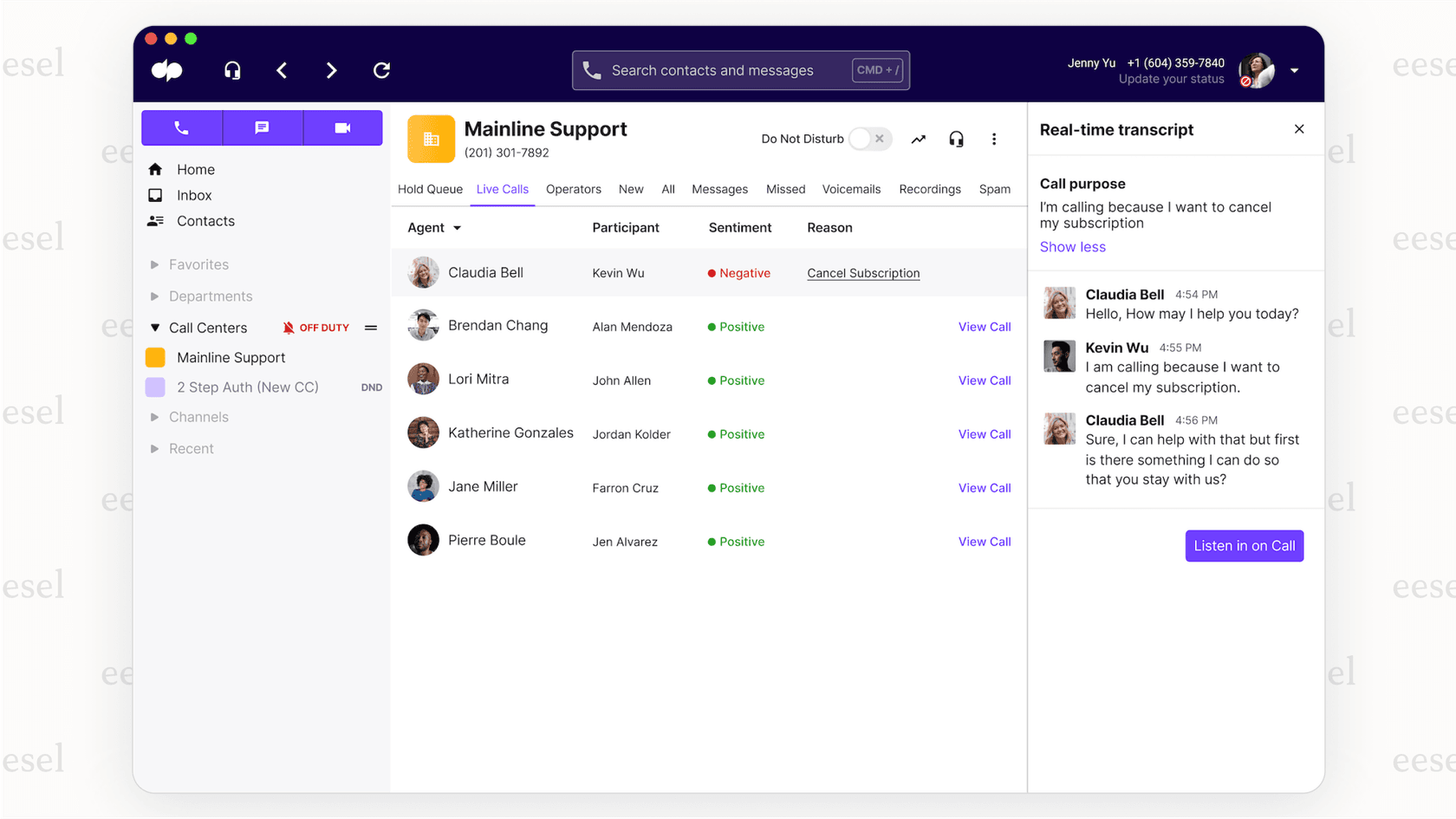 A screenshot of the Dialpad user interface showing real-time call transcription and sentiment analysis for an active call.