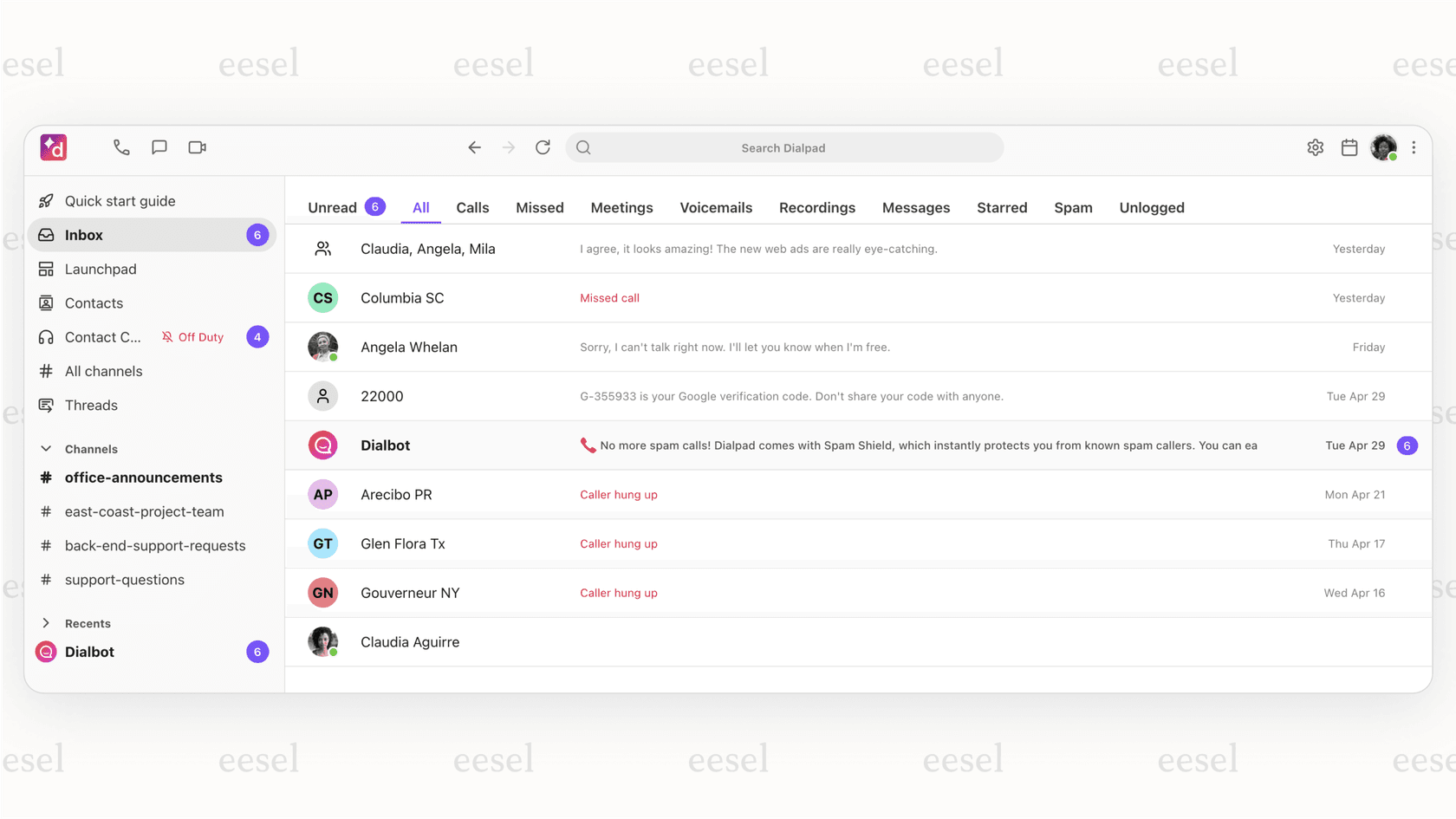 A complete Dialpad review showing the main user interface with call logs and messaging features.