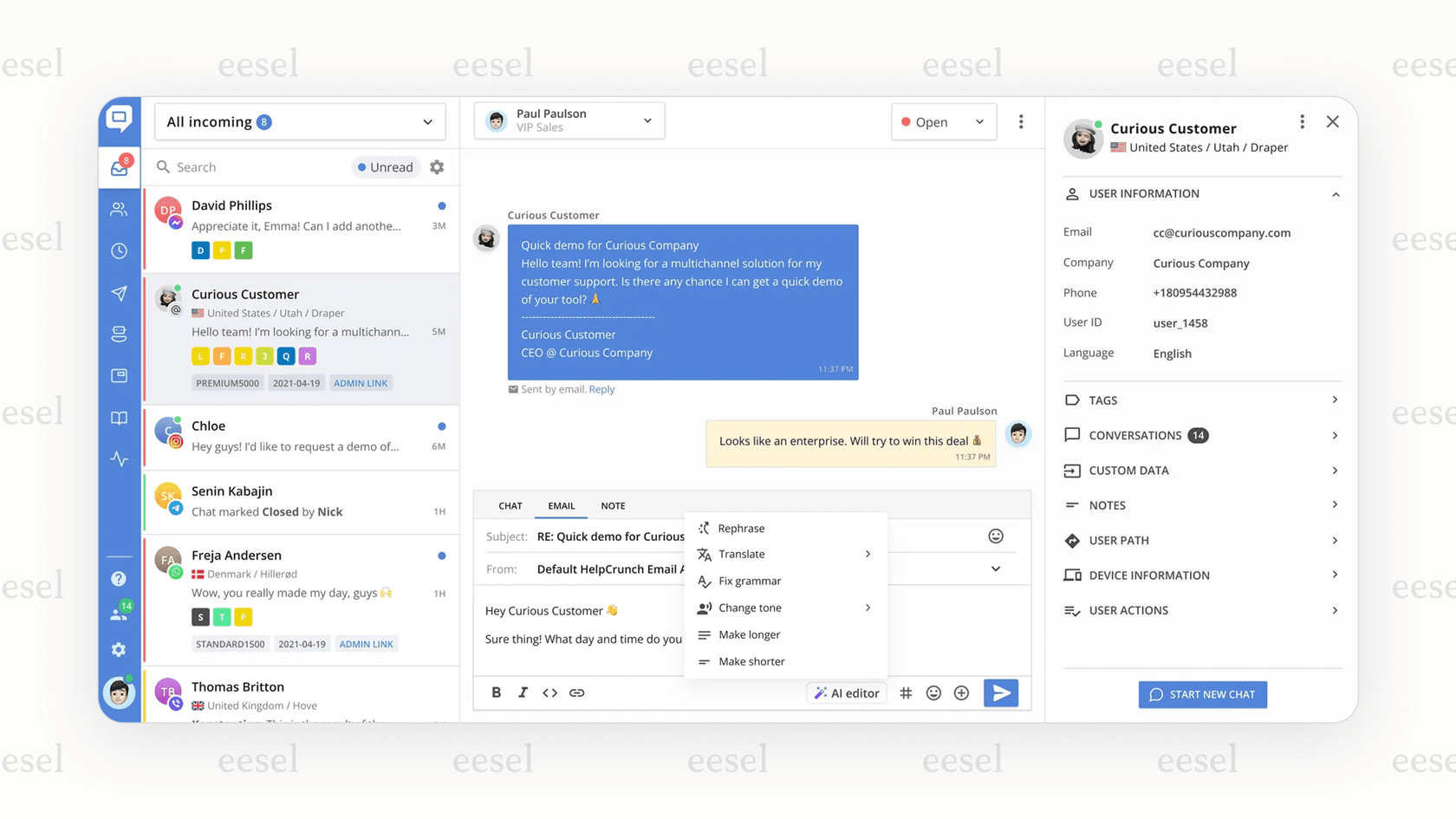 A screenshot providing a complete Helpcrunch overview, showcasing the all-in-one dashboard with inbox, contacts, and reports.