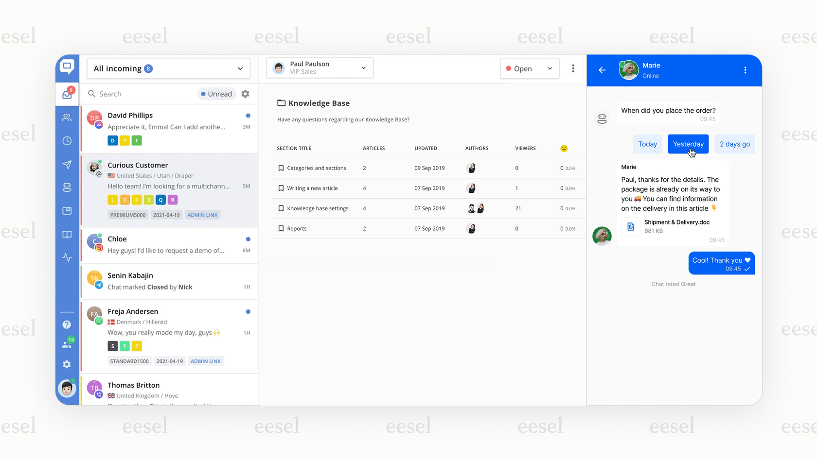 A screenshot showing the all-in-one HelpCrunch dashboard, a feature commonly discussed in Helpcrunch reviews, displaying the shared inbox and other tools.