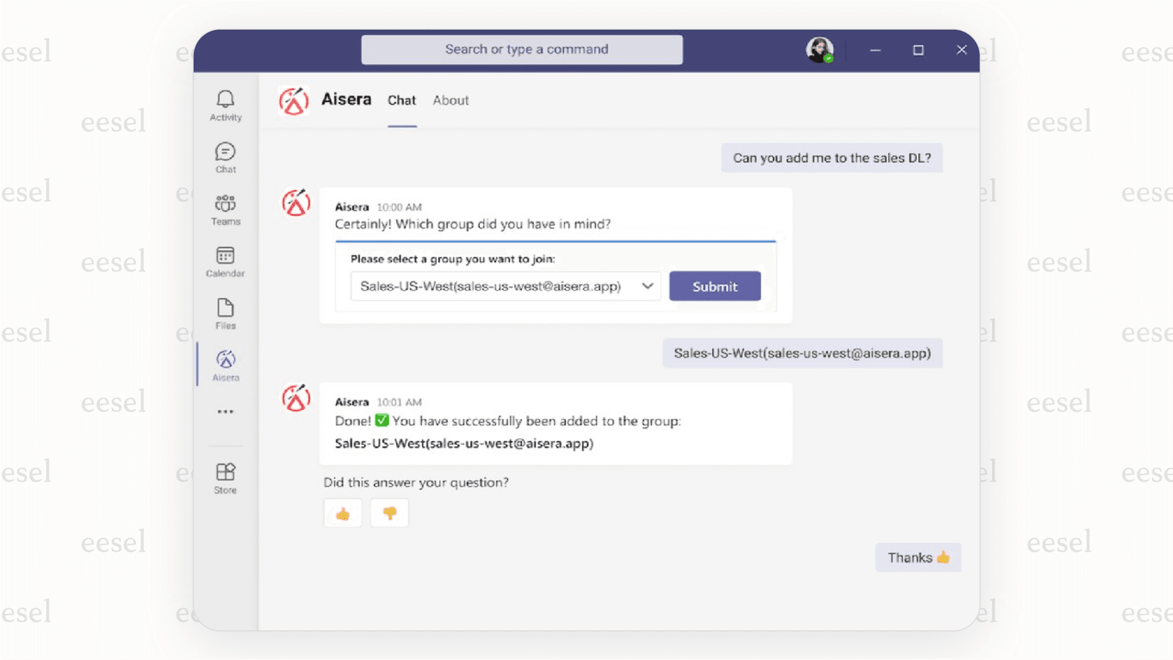 A screenshot from our Aisera reviews showing the Aisera Assistant answering an IT support question directly within the Microsoft Teams interface.