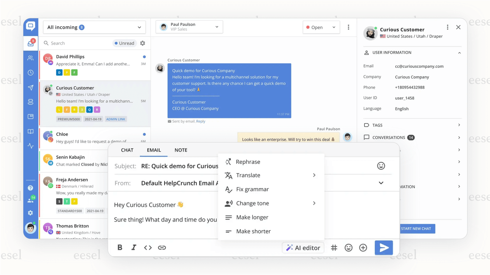 A view of the HelpCrunch inbox where the AI Editor provides suggestions to improve an agent's text, a feature to consider when looking for Helpcrunch alternatives.
