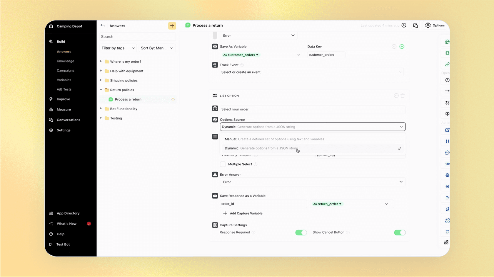 A screenshot of the Ada platform's drag-and-drop flow builder, an important feature to consider with Ada CX pricing.