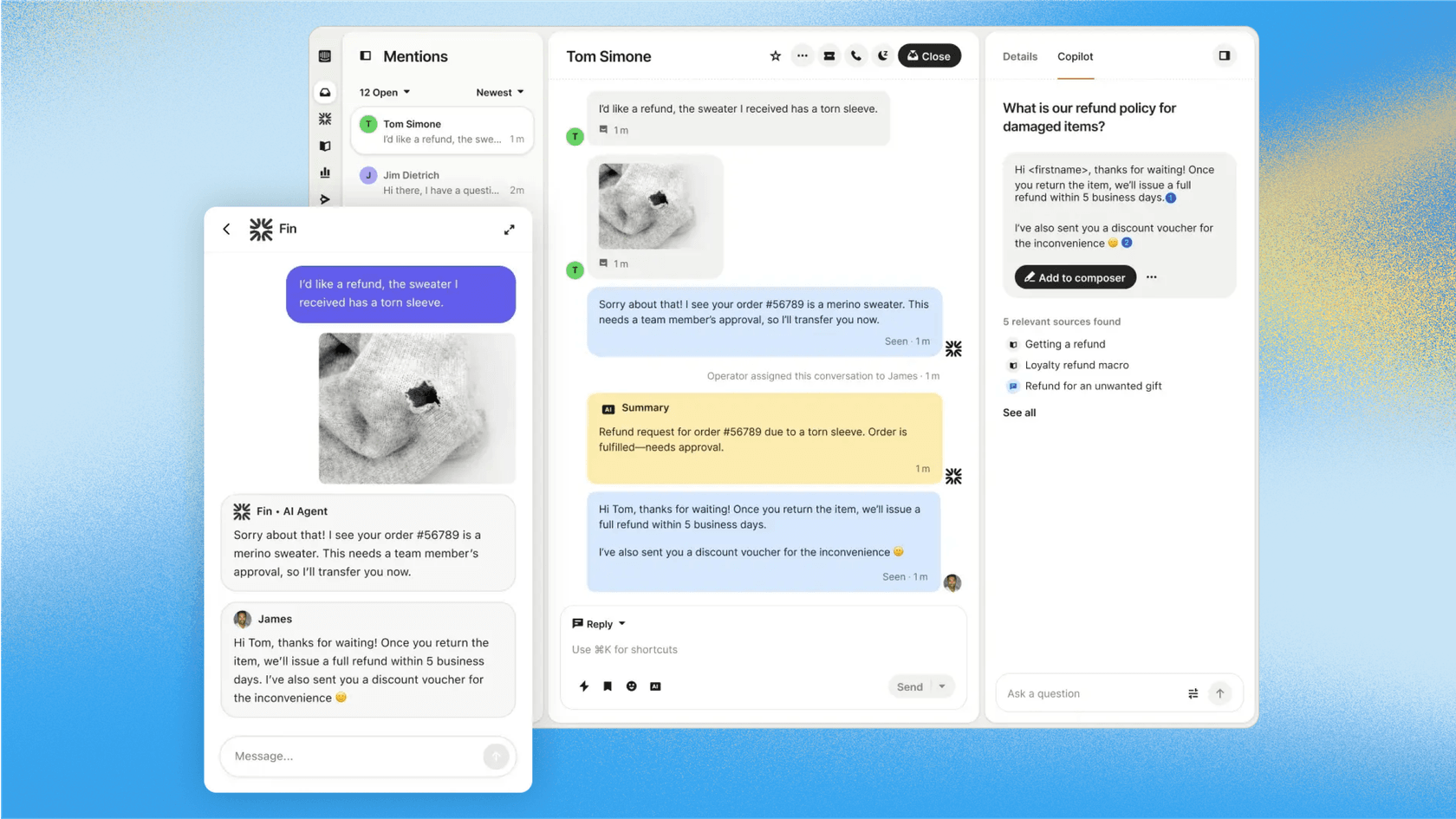 A screenshot for Intercom AI reviews showing the AI Copilot assisting a human agent by generating reply suggestions and offering to summarize the ticket.