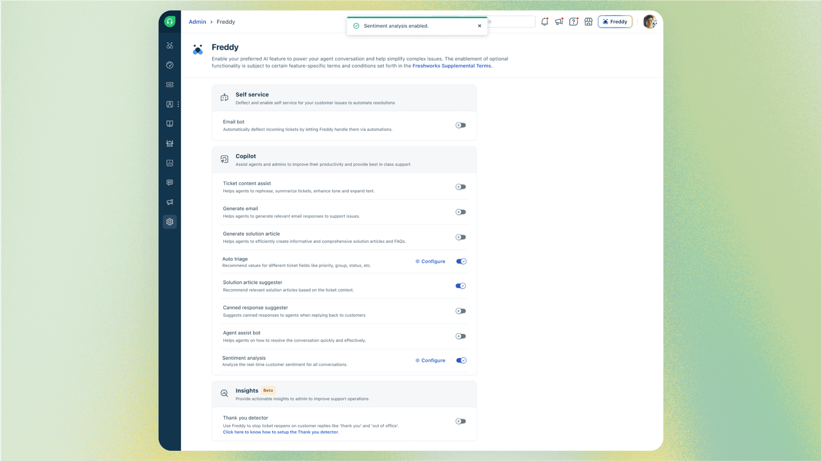 A screenshot of the main admin panel for Freshdesk AI, showing the three core components of Freddy AI: Self-Service, Copilot, and Insights.