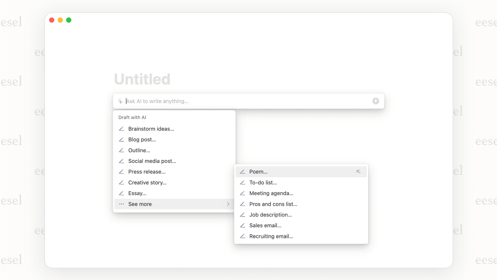 A user highlighting text in a Notion document, which brings up the Notion AI menu with options to improve writing, summarize, and generate content.