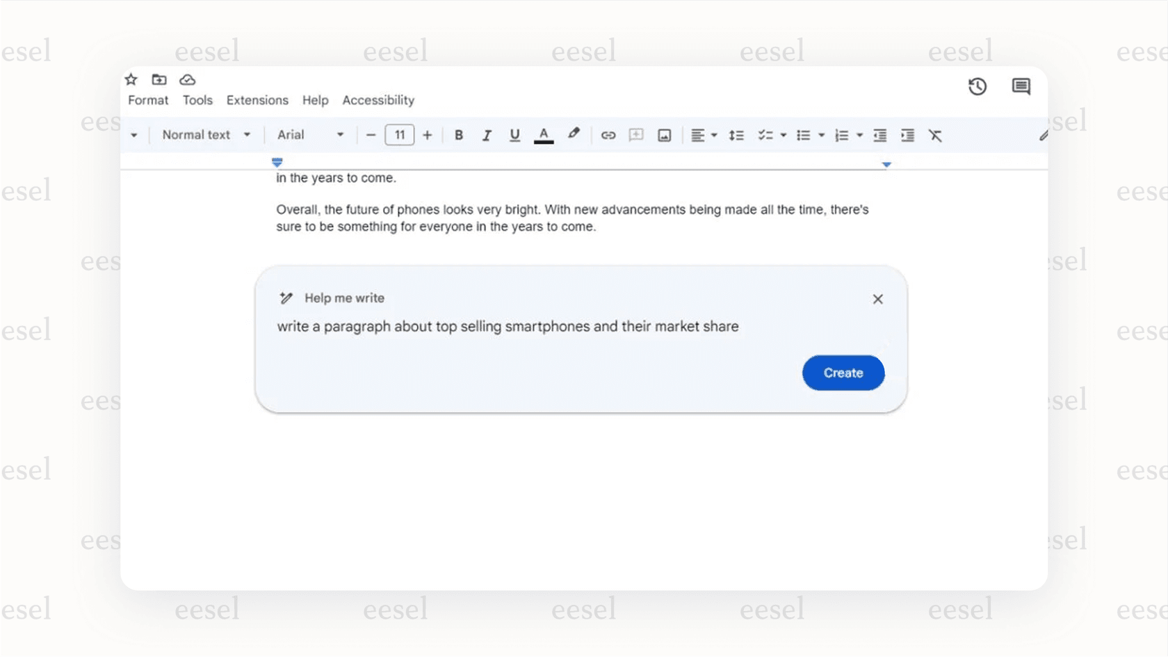 Screenshot of the Google Docs AI "Help me write" feature being activated in a new document.