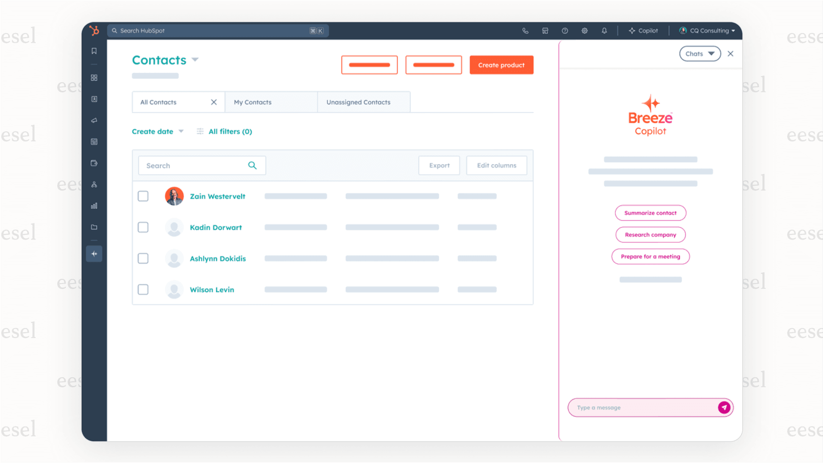 An image of the HubSpot AI Breeze Copilot interface inside the CRM, showing a user prompt to "draft a follow-up email" and the AI-generated email text below it.