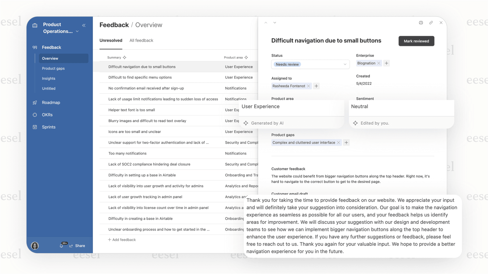 A screenshot showcasing the main features of Airtable AI directly within an Airtable base, such as summarization and content generation.