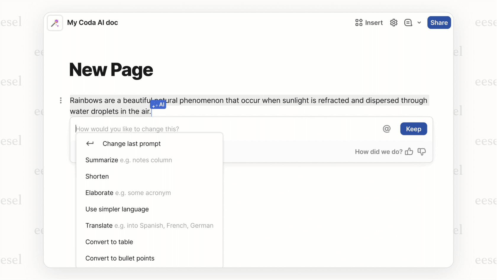 A screenshot showing a user prompting the Coda ai assistant to draft a blog post directly within a Coda document.