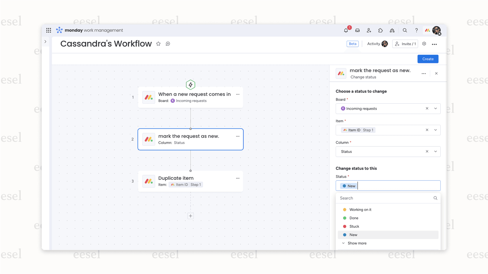 Screenshot of the automation center in monday.com, where a user adds a monday.com AI block to a workflow to categorize new tasks automatically.