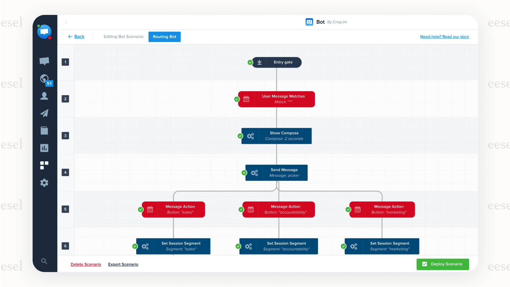 Screenshot showing the drag-and-drop interface of the Crisp AI chatbot builder with various blocks for events, actions, and conditions connected in a flow.