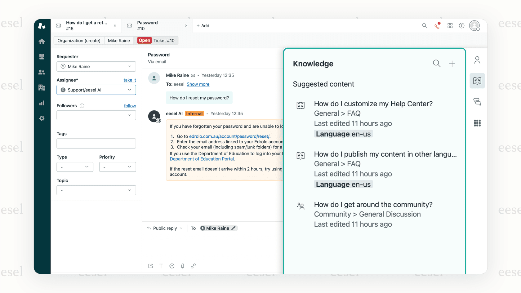 Screenshot showing an AI Agent Assist tool inside a help desk, a feature offered by platforms like Decagon, providing suggestions to a human agent.