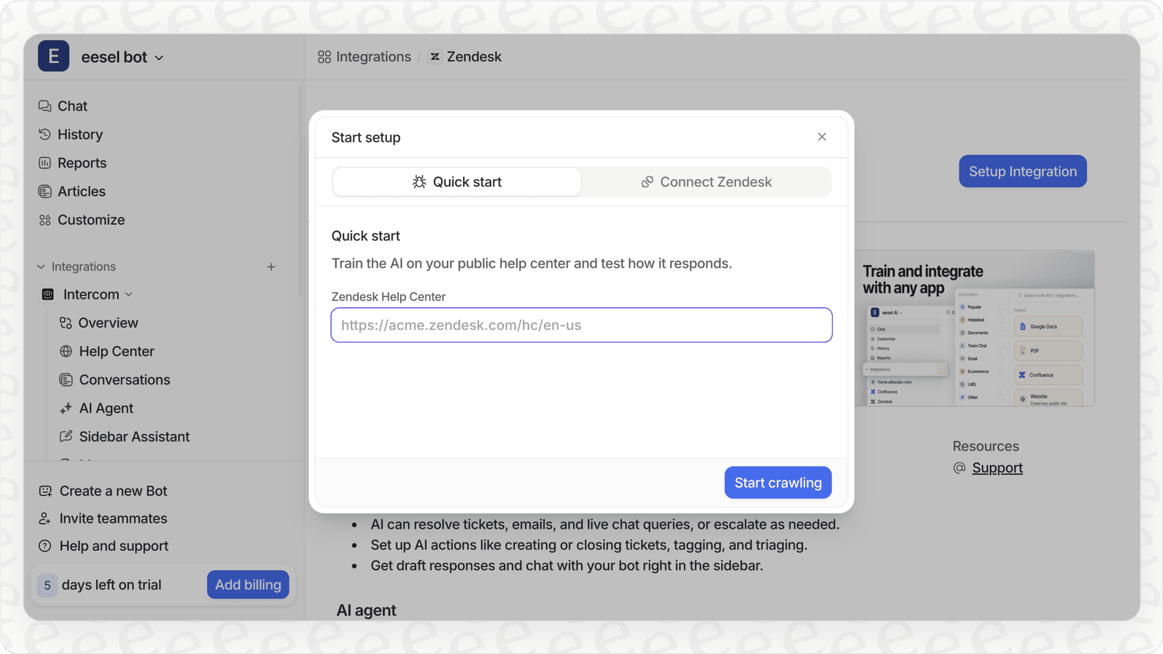 eesel AI dashboard demonstrating integrations with helpdesks and training options for small language models.