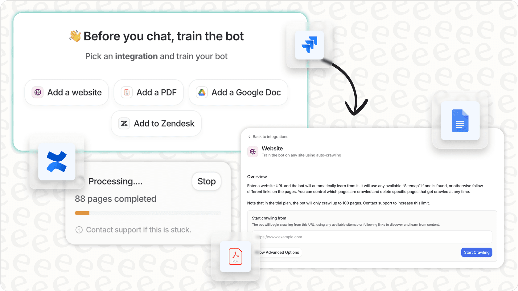 eesel AI dashboard showing various knowledge source integrations available for training conversational AI, including helpdesks, documents, and other platforms.