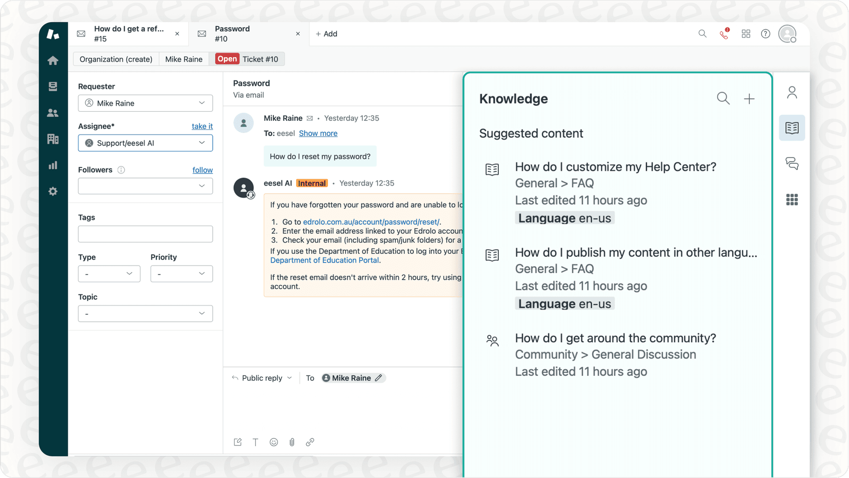 Screenshot showing an AI assistant interface displaying a summarized answer pulled from multiple internal documents demonstrating information retrieval AI assistant capabilities.