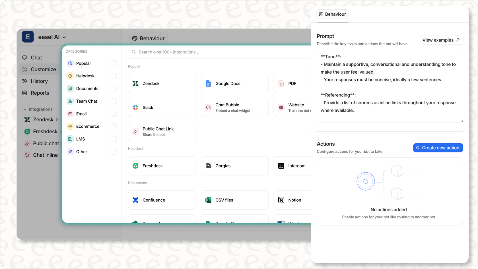Screenshot of the eesel AI dashboard interface, showing connected integrations and customization settings for the best AI assistant.