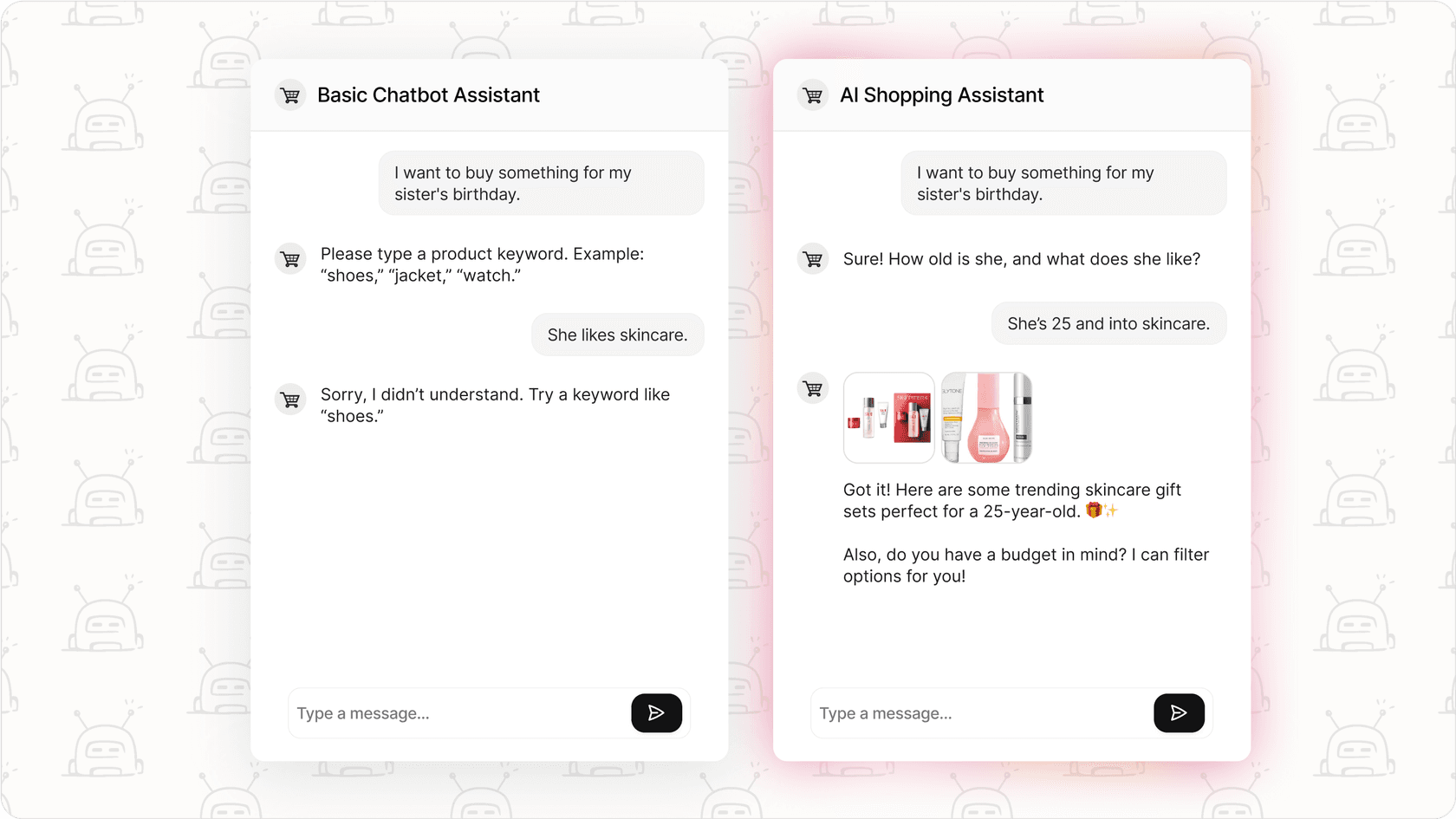 Comparison showing basic chatbot vs AI shopping assistant understanding natural language.