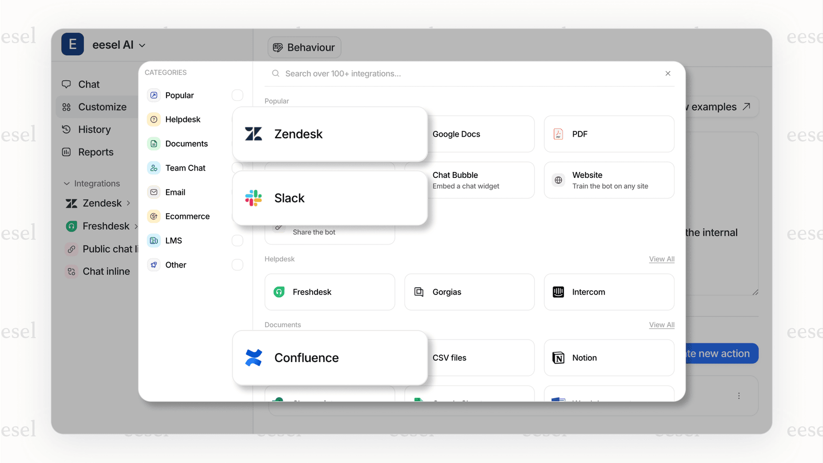 A screenshot of the eesel AI platform showing how it connects with many business tools, making it one of the most practical Forefront AI alternatives for automation.