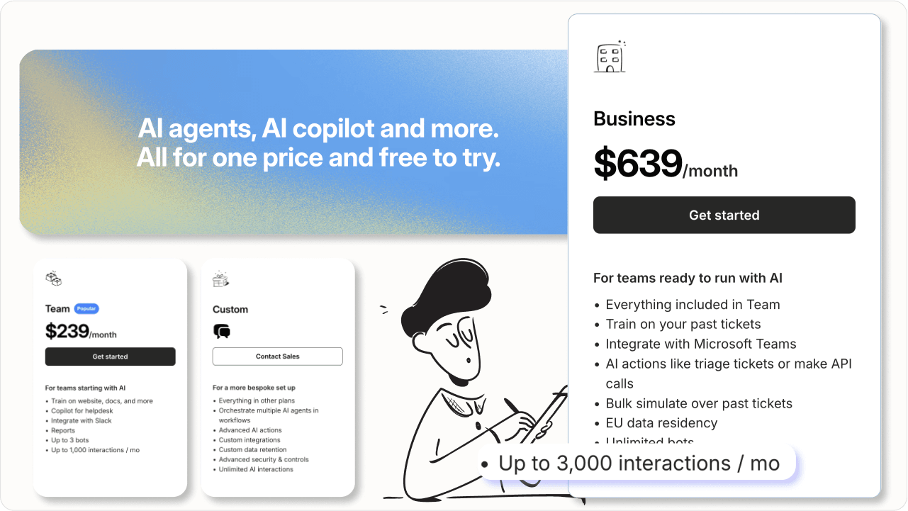 Screenshot of the eesel AI pricing page showing clear pay-per-interaction pricing, contrasting with Sierra AI's model.