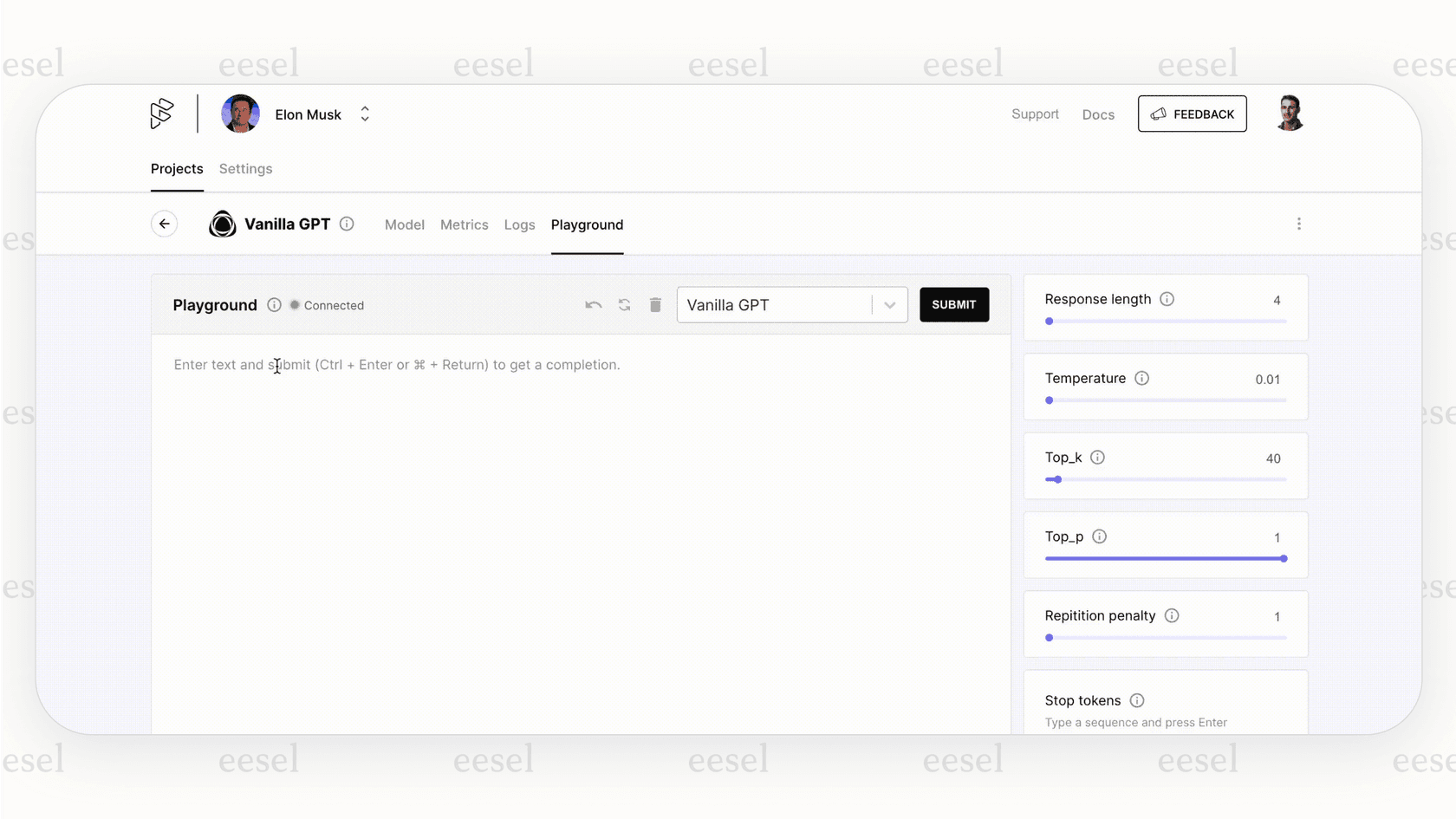 A screenshot of the Forefront AI Playground for testing models, as covered in this forefront ai review.