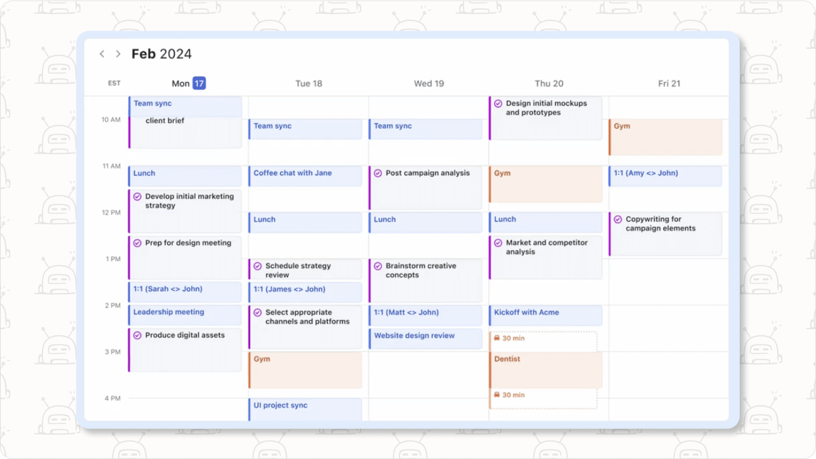 Motion's smart calendar view demonstrating AI scheduling capabilities for an AI personal assistant.