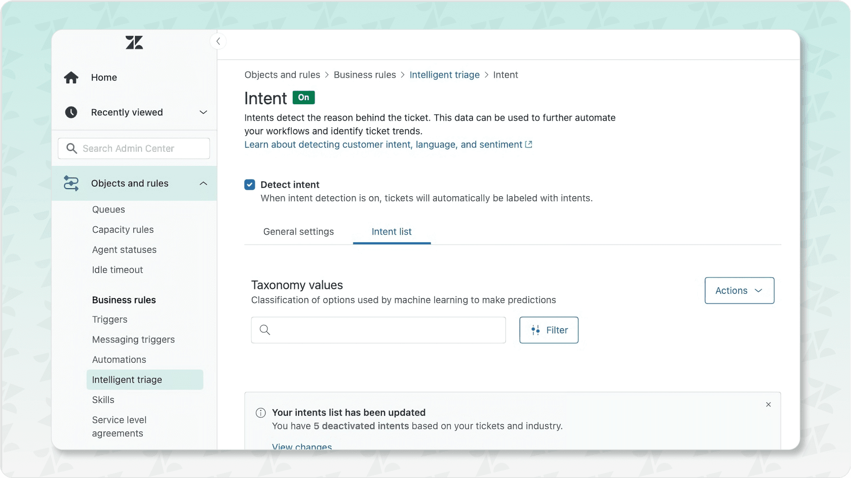 Screenshot of Zendesk Admin Center showing the settings for Intelligent Triage, demonstrating Zendesk AI capabilities for ticket routing.