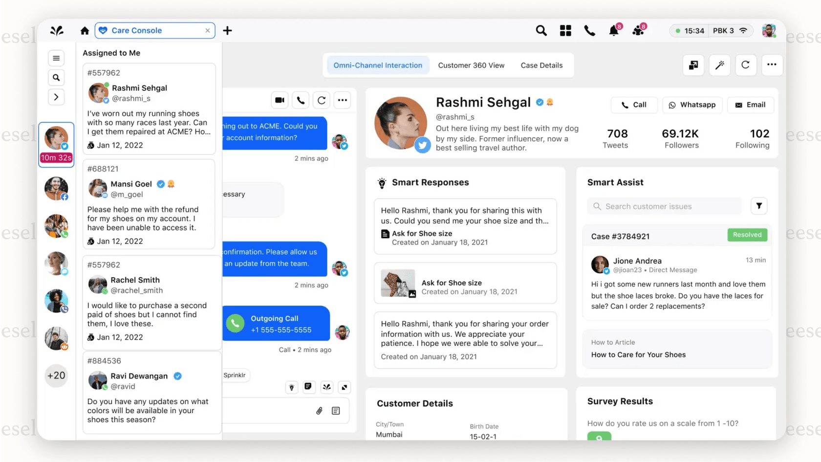 A screenshot of the Sprinklr agent workspace showing AI-powered case summaries and reply suggestions for a customer service ticket.