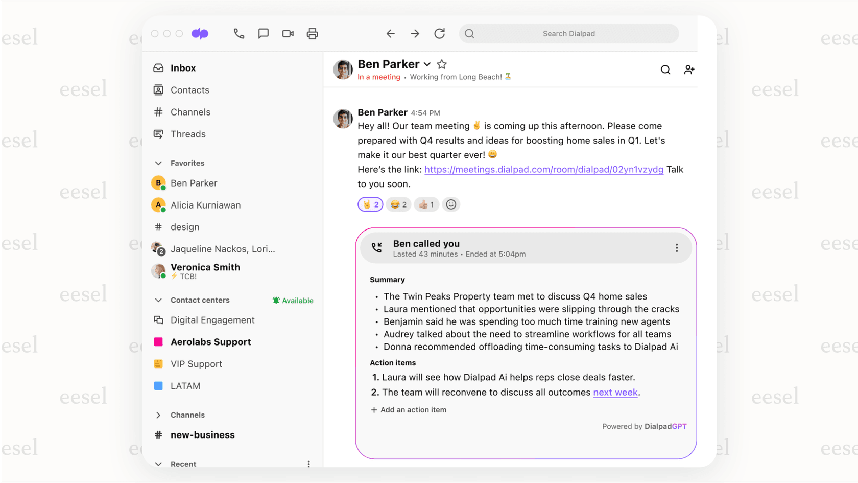 A screenshot of a Dialpad Ai Recap, which summarizes a call, lists action items, and reduces agent busywork after a call.