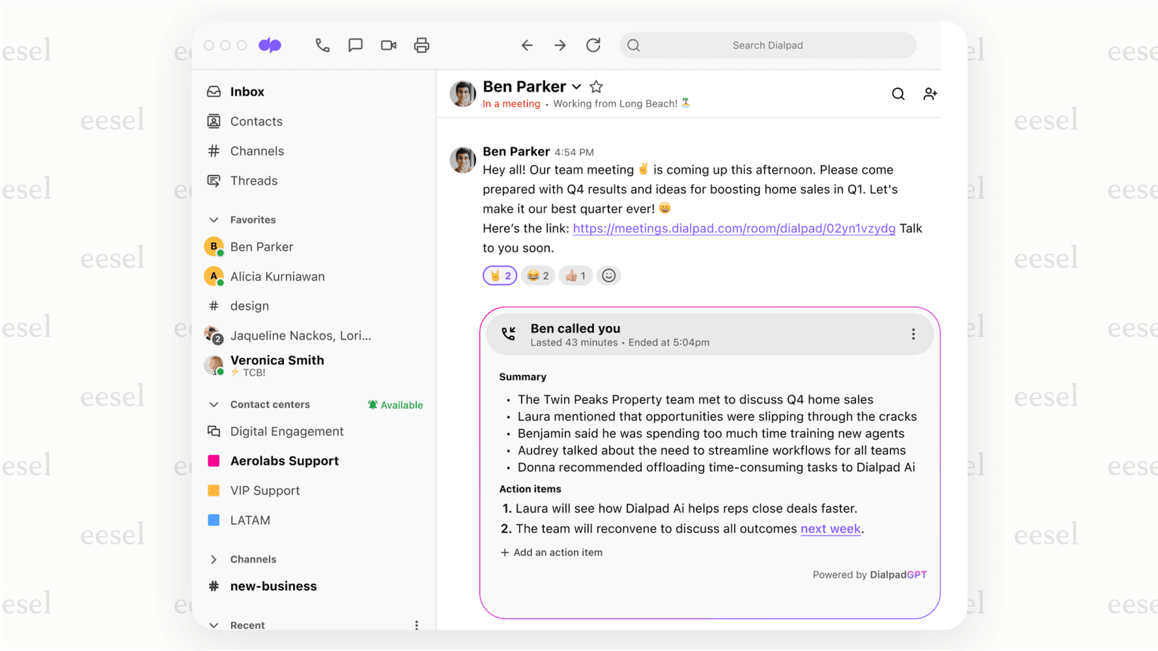 An in-depth Dialpad review showing the Ai Call Summary feature with AI-generated notes and transcription.