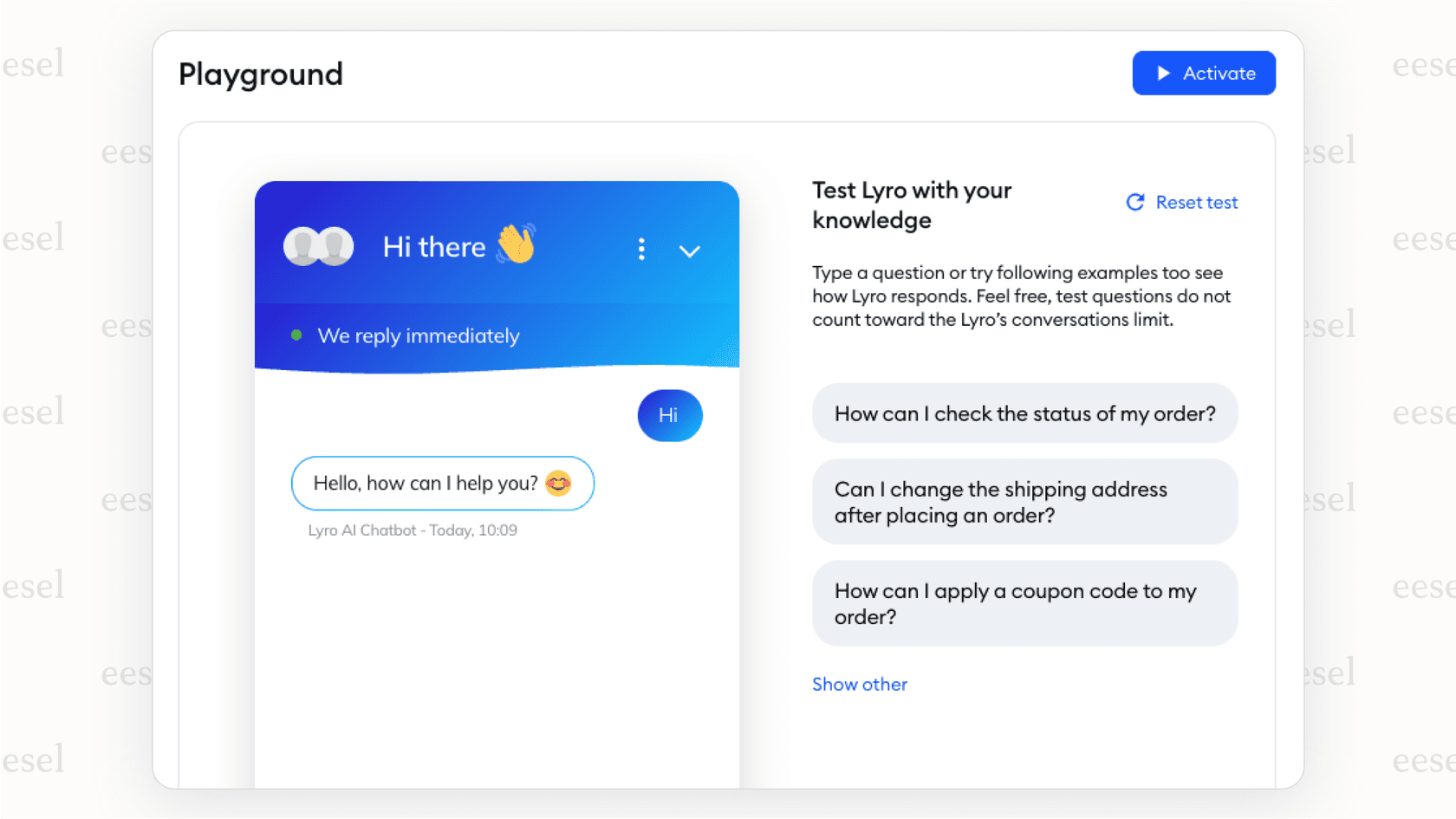 A screenshot of the Tidio AI Playground interface where a user can test how the Lyro chatbot responds to customer questions.