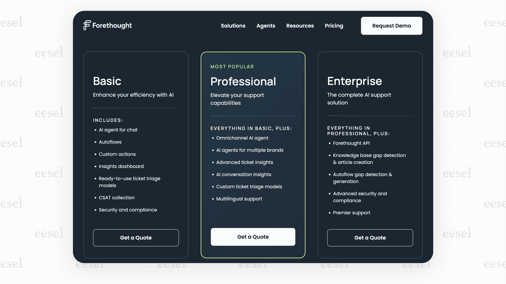 Screenshot of the Forethought website showing the "Get a Quote" button, which is a key aspect of understanding the Forethought pricing model.