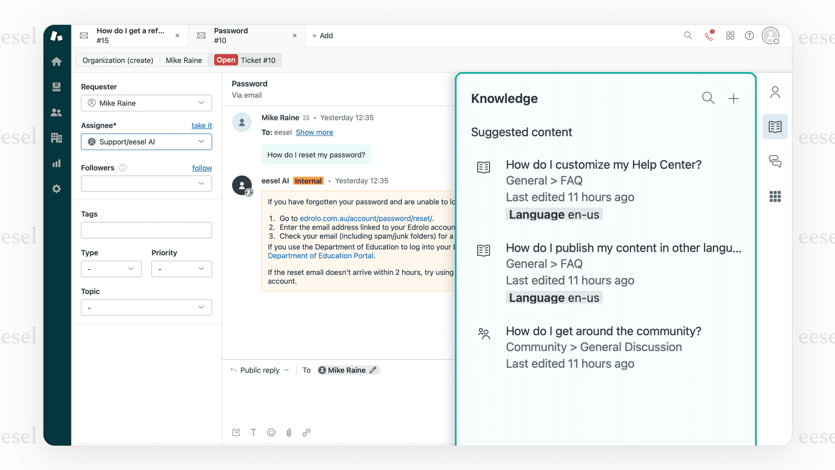 A screenshot of the Zendesk UI with the eesel AI Copilot sidebar. The copilot is suggesting a reply to a customer ticket about a refund policy, demonstrating one of the best Forethought alternatives.